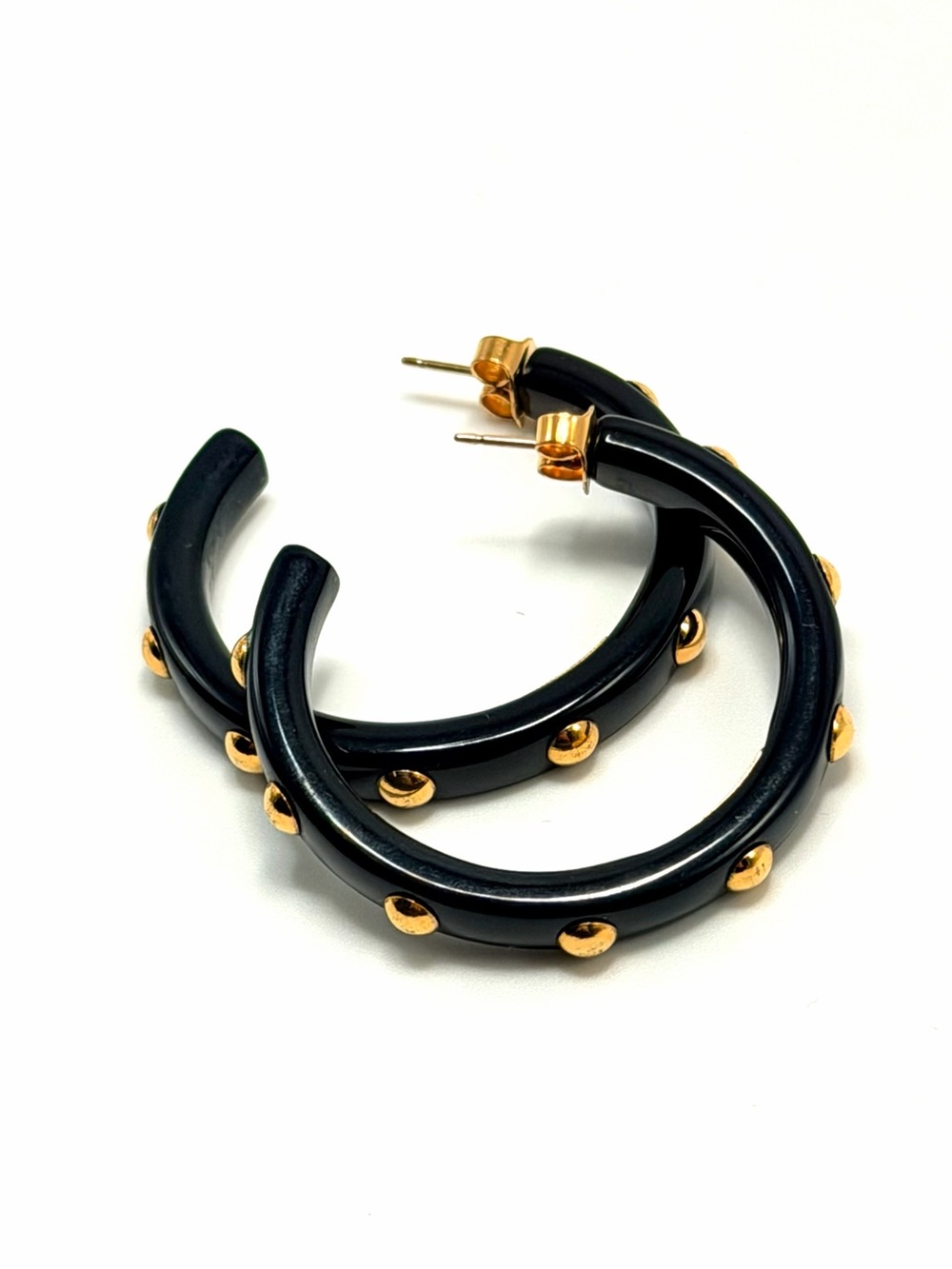 Coach Black Lucite Gold Tone Studded Hoop Earrings 1.5” Logo - Picture 7 of 14